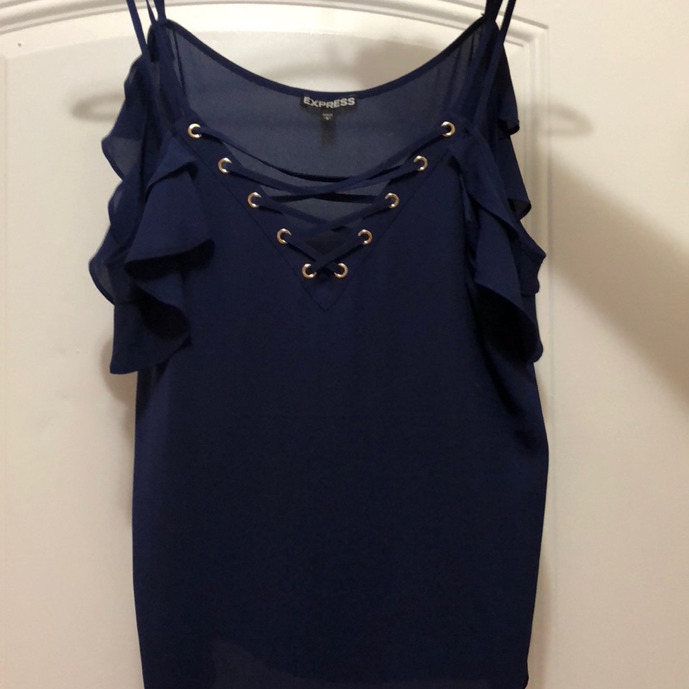 Navy blue lace-up shirt with off shoulder ruffles